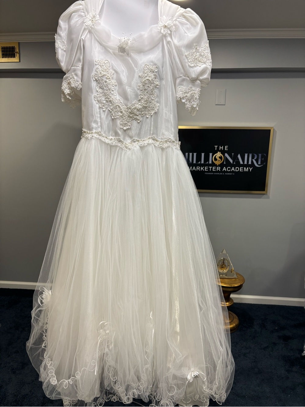 Ivory Lace Tulle Bridal Gown with Puff Sleeves